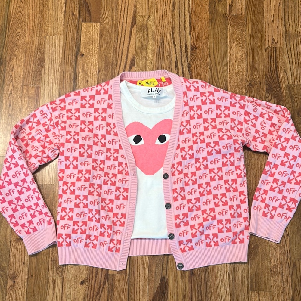 Off-white pink arrow cotton cardigan and Comme Des Garçon pink heart t shirt